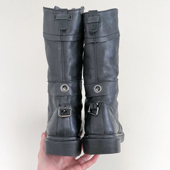 Dr. Martens Grey Leather Triumph Tall Lace Up Fold Over Boot Pink Plaid Size 9 - Picture 6 of 10